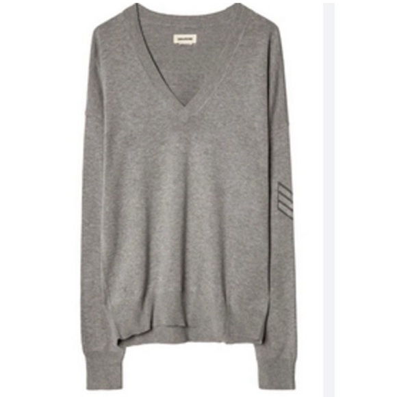 ZADIG & VOLTAIRE Happy Army Studded Elbow Patch Gray V-Neck Sweater XS - Picture 1 of 3